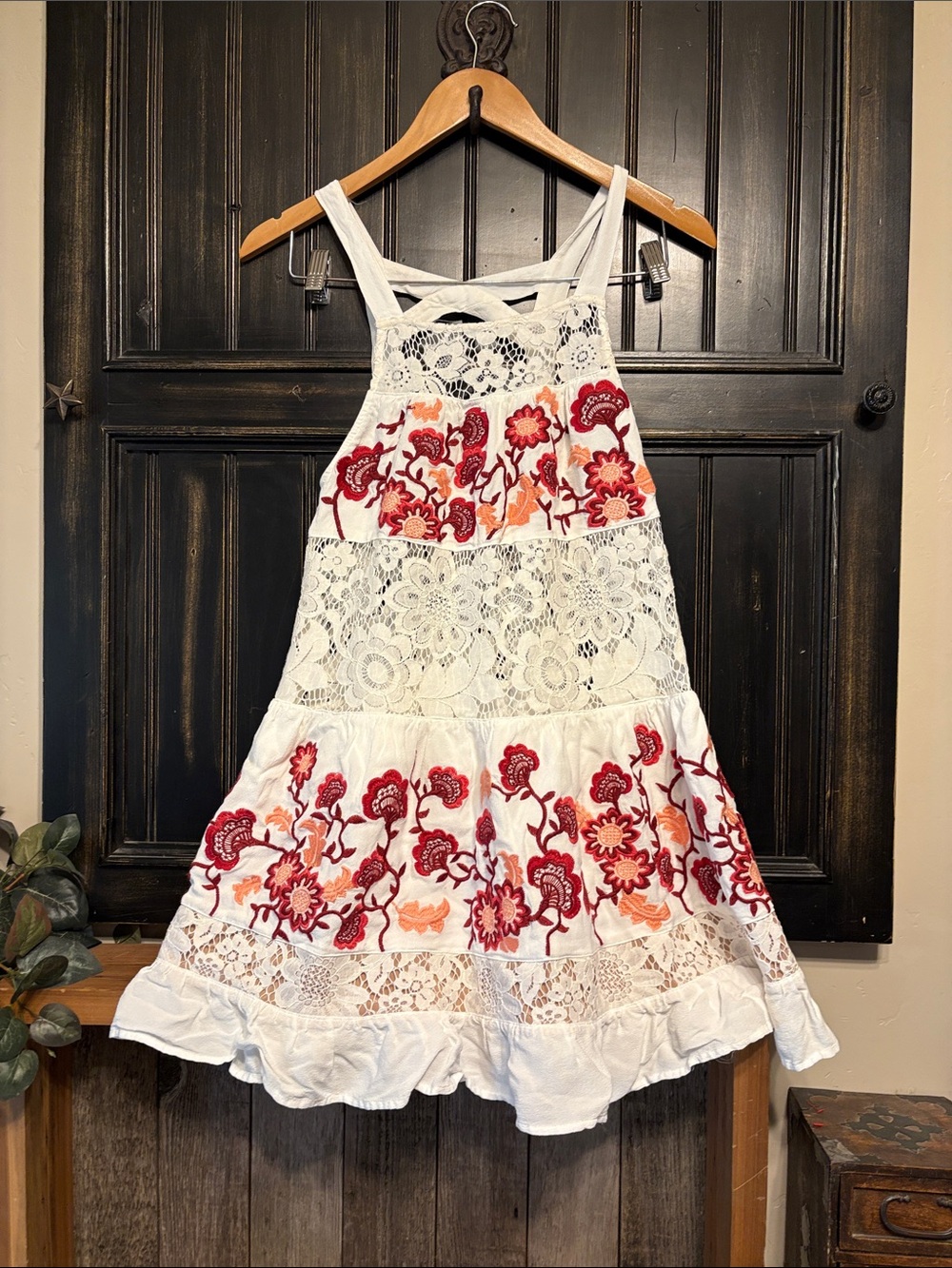 For Love And Lemons White Sundress with Red & Orange Floral Embroidery